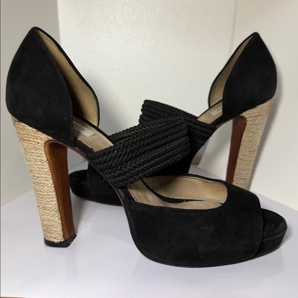 Max Mara Black Suede Raffia Heel Platform Peep Toe Heels Women's size 9/39 - Picture 3 of 12